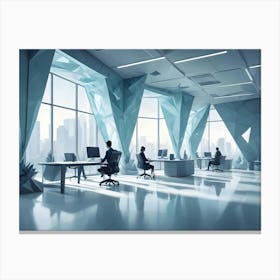 A Modern Office Space With Futuristic, Angular Architecture And Large Windows Overlooking A City Skyline Canvas Print