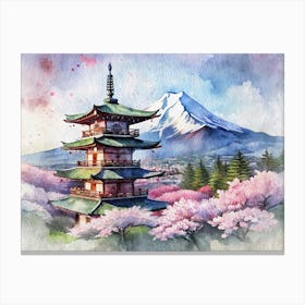 Watercolor Painting Of Pagoda With Mount Fuji And Cherry Blossoms Canvas Print