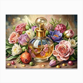 Still Life Of Perfume Bottle And Flowers Canvas Print