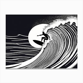 Linocut Black And White Surfer On A Wave art, surfing art, 264 Canvas Print