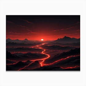 A Stylized, Minimalist Landscape With A Winding Road Running Through Mountains Canvas Print