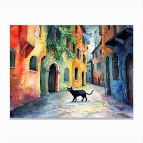 Black Cat In Vicenza, Italy, Street Art Watercolour Painting 1 Canvas Print