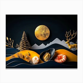 3d Modern Dark Blue And Golden Wave Landscape Canvas Print