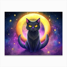 Black Cat With Yellow Eyes Sitting In Front Of A Yellow Ring In A Galaxy Canvas Print