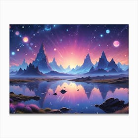 A Fantastical, Colorful Landscape With Tall, Jagged Mountains Reflecting In A Still Lake Canvas Print