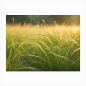 A Close Up Of Tall Grass Blades With Dew Drops In A Field At Sunrise, Highlighting The Beauty And Tranquility Of Nature Canvas Print