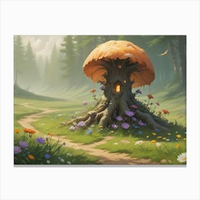 A Digital Art Illustration Of A Mushroom House In A Forest Clearing, Surrounded By Flowers And A Winding Path Canvas Print