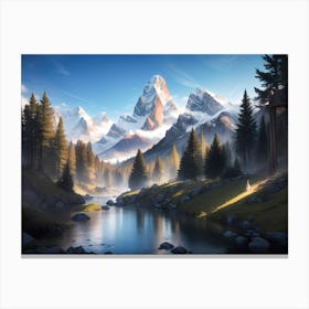 Mountain river in the Alps Forest #1 - Oil Painting Canvas Print