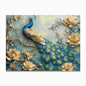 3d Artwork Peacock Illustration Background With Golden Jewelry And Flowers Painting Canvas Print