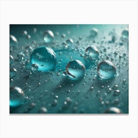 Close Up Of Crystal Clear Turquoise Water Droplets On A Teal Surface, Creating A Refreshing And Abstract Pattern With Reflections And Refractions Of Light Canvas Print