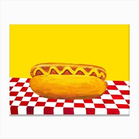 Hot Dog With Mustard on Red Check Yellow Canvas Print