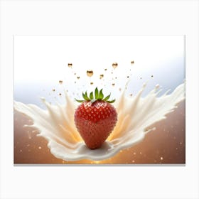 A Vibrant Image Of A Strawberry Submerged In A Creamy Splash With Golden Droplets, Creating A Dynamic And Delicious Scene Canvas Print