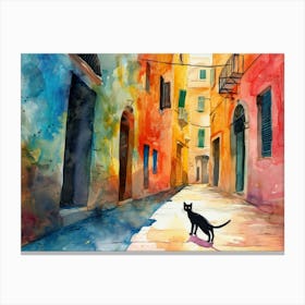 Black Cat In Bari, Italy, Street Art Watercolour Painting 1 Canvas Print