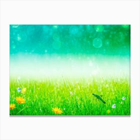 A Lush Grasshopper Leaps Across A Vibrant Oversaturated Meadow The Intense Green Hues Softened By (5) Canvas Print