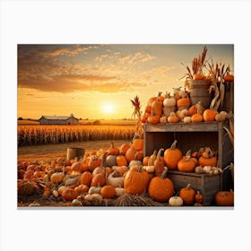 A Vintage Style Autumn Harvest Composition Showcasing Piles Of Pumpkins And Corn Cobs Scattered In (5) Canvas Print