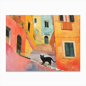 Black Cat In Napoli, Italy, Street Art Watercolour Painting 2 Canvas Print