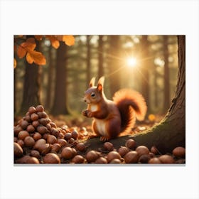 Red Squirrel Sitting On A Log Surrounded By Acorns In A Forest 10 Canvas Print