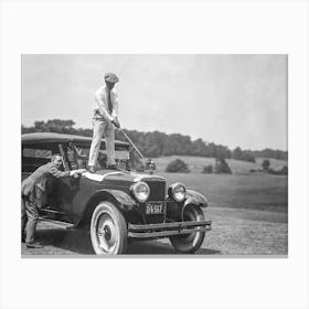 Golfer Teeing Off On Top Of A Car, Vintage Golf Art, Black and White Old Photo Canvas Print