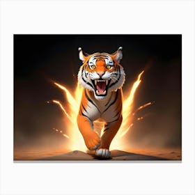 A Tiger With An Aggressive Pose Stands Amidst A Fiery Explosion, Creating A Dramatic And Powerful Image Canvas Print