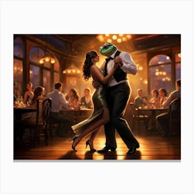 Argentine Tango Dance Male And Female Frogs Embracing And Moving Gracefully On A Polished Wooden Fl Canvas Print