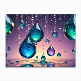 Sparkling, Colorful Water Drops Hang Suspended In Mid Air Against A Gradient Background, Reflecting Light And Creating A Sense Of Wonder Canvas Print