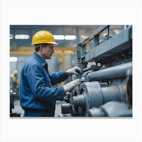 Industrial Worker In A Factory Wearing Safety Gear, Inspecting Machinery Canvas Print