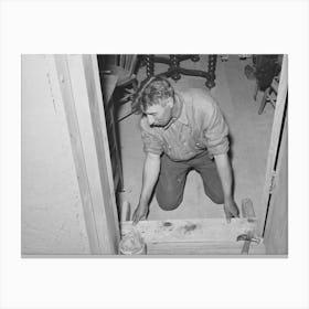 Spanish American Farmer Fitting Floor Step Into Place, Amalia, New Mexico, The Spanish Americans Are Adept In Canvas Print
