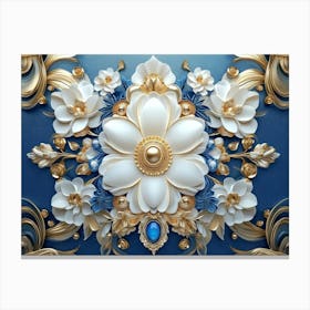 An Intricate 3d Artwork Illustration With A White And Blue Backdrop, Embellished With Gold Jewelry 1 Canvas Print