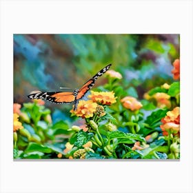 Monarch Butterfly Amid Blooming Lantanas. A stunning monarch butterfly perches delicately on a cluster of yellow and orange lantana flowers, set against a blurred, colorful background that accentuates the vibrancy of the scene. Canvas Print