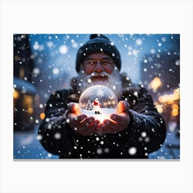 A Snowy Holiday Evening Time Scene Featuring A Man Holding A Luminous Orb That Glimmers With Encapsu (2) Canvas Print