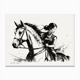 Mongolian Women Horserider - Black And White Drawing Canvas Print