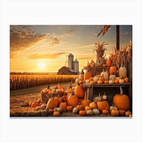 A Vintage Style Autumn Harvest Composition Showcasing Piles Of Pumpkins And Corn Cobs Scattered In (4) Canvas Print