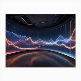 A Dark Room With A Curved Screen Displaying A Colorful, Abstract Image Of A Mountain Range With Lines Of Light Canvas Print