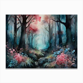 Watercolor Art Dark Forest path With Pink Flowers Canvas Print