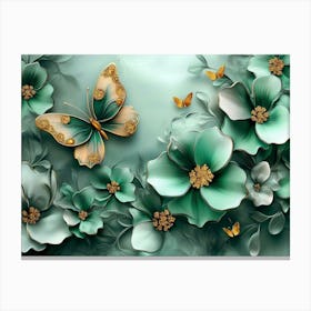 3d Art Abstract Floral Background with Green Flowers and Golden Butterfly Canvas Print