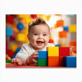 Baby Smiling Engaging With Vibrant Blocks Of Primary Colors Soft Focus Background Enhancing The Ch (4) Canvas Print