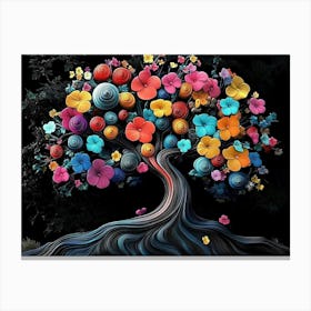 3d Tree Abstract Colorful Flower Art On Black, 3d Abstraction Artwork Canvas Print