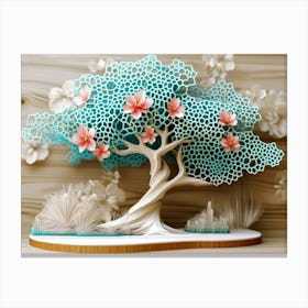 Dynamic Display Of A Turquoise 3d Tree With White Lattice On Oak, Featuring Floral Hexagons Canvas Print