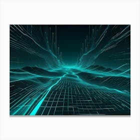 An Abstract Digital Art Piece Depicting A Glowing Turquoise Grid That Resembles A Landscape Of Glowing Mountains And Valleys With Lines Of Data Streaming Across The Surface Canvas Print