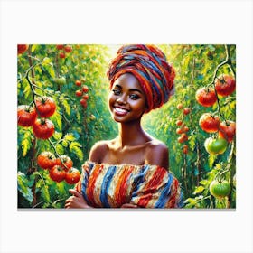 A Beautiful African Woman In A Lush Garden Filled With Ripe Tomatoes Canvas Print