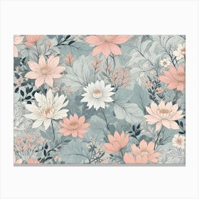 A Seamless Pattern Of Stylized Flowers In Shades Of Pink, White, And Green On A Light Blue Background Canvas Print