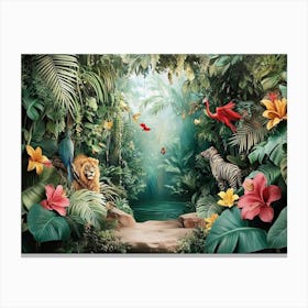 3d Jungle Scene with Exotic Animals Canvas Print