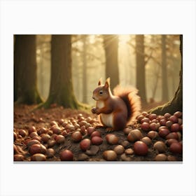 Red Squirrel Sitting On A Log Surrounded By Acorns In A Forest 4 Canvas Print