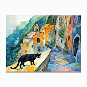 Amalfi, Italy   Black Cat In Street Art Watercolour Painting 2 Canvas Print