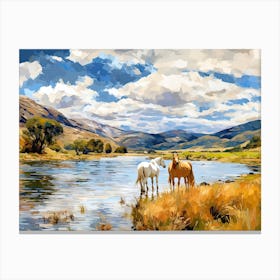 Horses Painting In Lake District, New Zealand, Landscape 3 Canvas Print