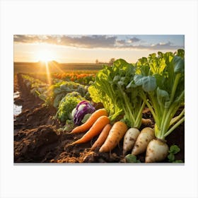 A Variety Of Fresh Vibrant Vegetables Sprouting From Rustic Soil Bathed In The Golden Hour Sunligh (2) Canvas Print