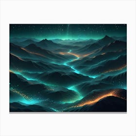 Nighttime Scenery Of A Mountainous Landscape With A River Flowing Through It, Illuminated With Bright, Blue Light Canvas Print