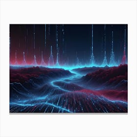 A Futuristic, Abstract Landscape With Glowing Lines Forming A River Flowing Through A Digital Forest Canvas Print