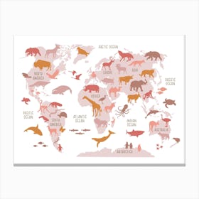 Baby Girl Room Decor, World Map Poster in Pink Canvas Print