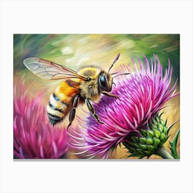 Honeybee Collecting Pollen On Purple Thistle Flower Canvas Print